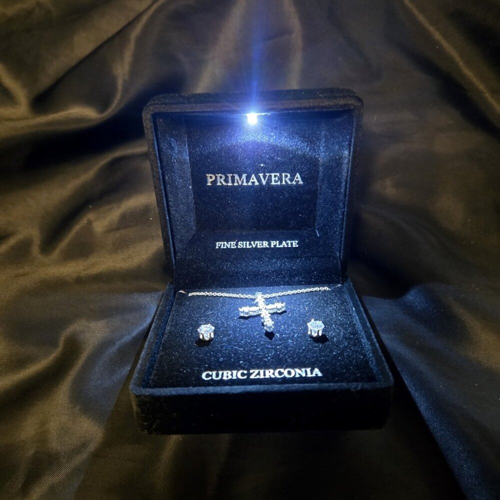NWT CZ Cross Necklace / Earring Set with Lighted Case
